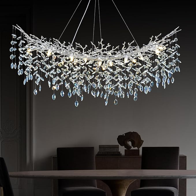 Modern Crystal Silver Chandelier, 55" Large Rectangular Oval Tree Branch Crystal Chandeliers for Dining Room,16-Light Flush Mount K9 Crystal Chandeliers, for Kitchen Island,Dining Room-Ruum Studio Home