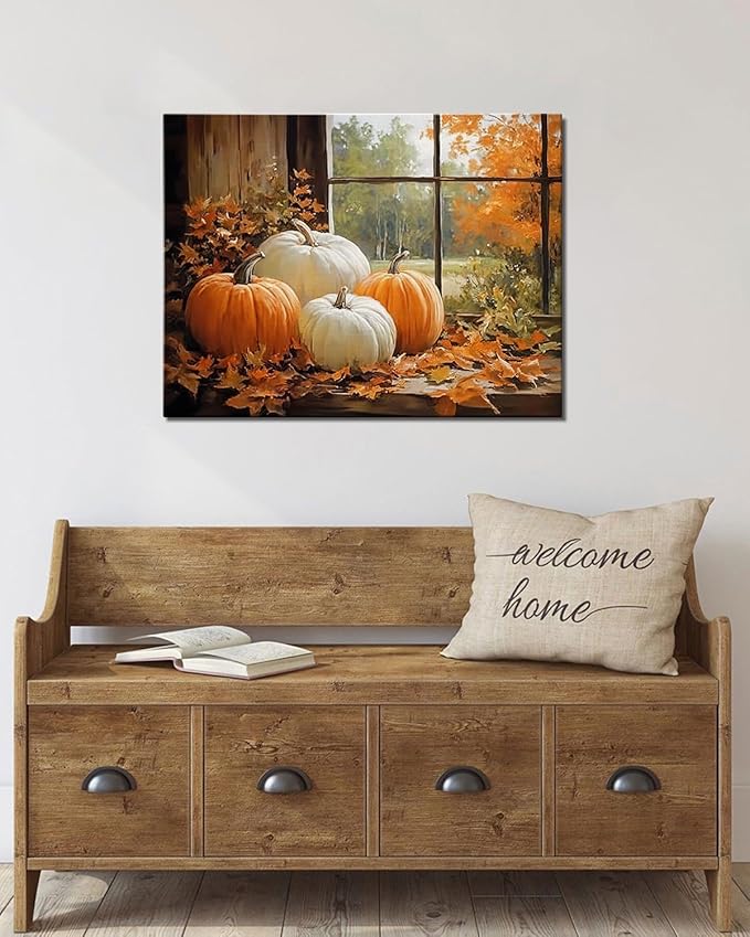 Vintage Pumpkin Window Fall Wall Art Decor, Farmhouse Barn Canvas Print with Autumn Harvest Theme, Framed Thanksgiving Decorations for Country Home, Ready to Hang-Ruum Studio Home