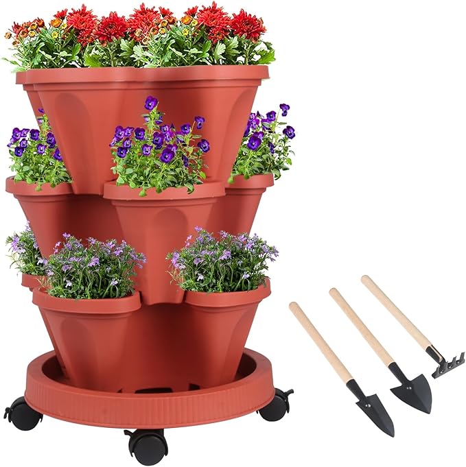 Vertical Planter 3 Tier Stackable Planters Garden Planters Strawberry Herb Flower and Vegetable Planter Indoor Outdoor Gardening Pots with Removable Wheels and Tools-Ruum Studio Home