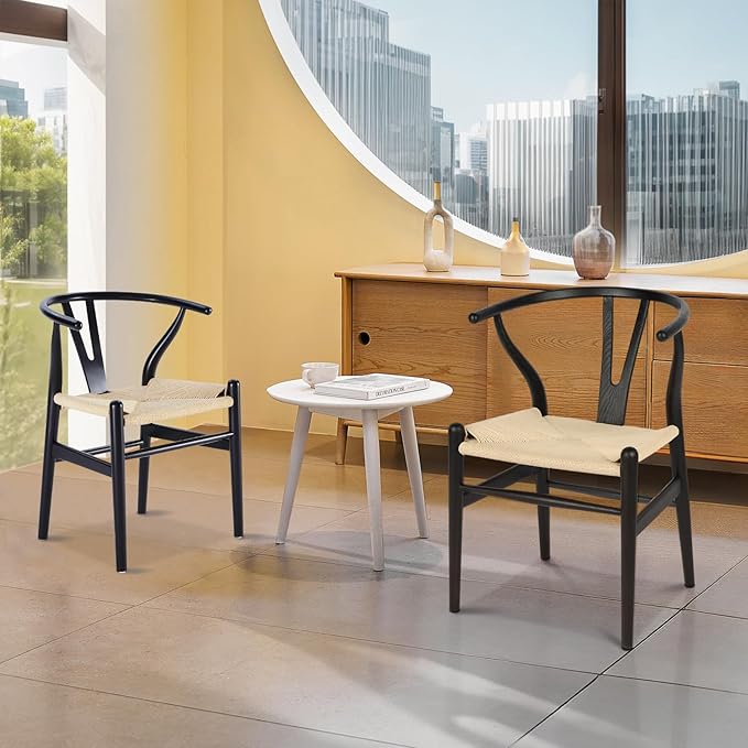 Wishbone Chair Natural Solid Wood Dining Chair/Hans Wegner Y Chair Rattan and Wood Accent Armrest Chairs - Ash Wood Chairs Set of 1 (Ash Wood - Black + Natural Color)-Ruum Studio Home