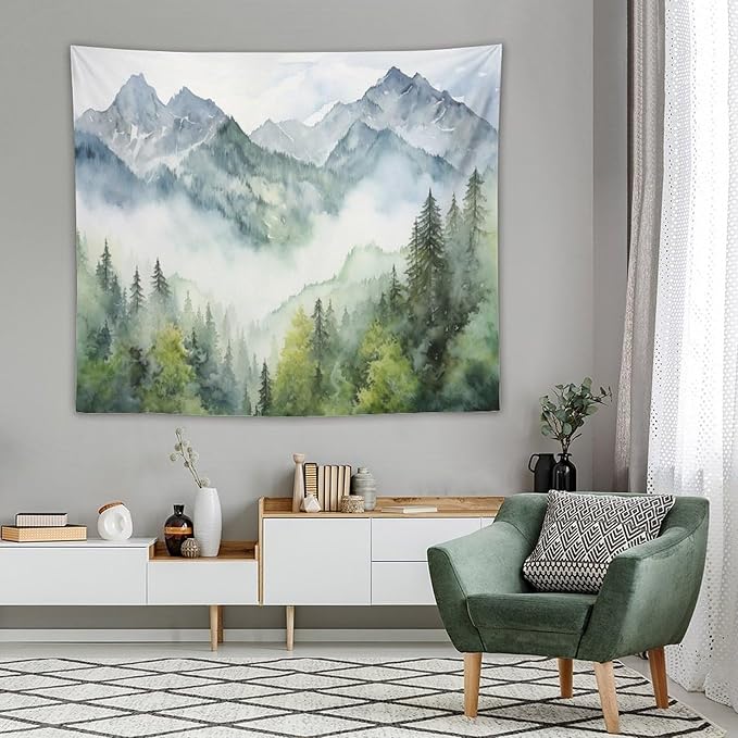 HZOHNAGO Mountain Tapestry Misty Green Forest Mountain Pattern Printed Wall Tapestry Wall Hanging for Bedroom Living Room Dorm 60" W x 50" H-Ruum Studio Home