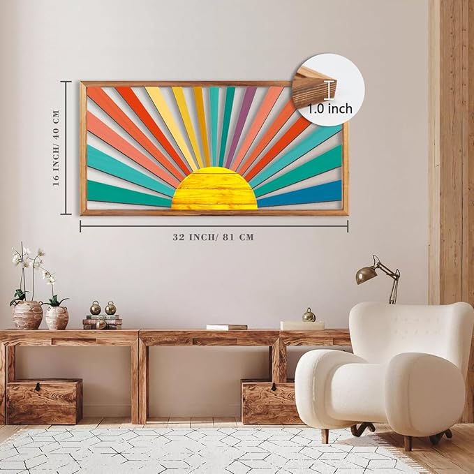 IARTTOP Large Boho Sun Wall Art Framed Wooden Art Wall Decor Sun Geometric Line Sunshine Wall Art for Living Room Bedroom Office 16"" x32, red-Ruum Studio Home