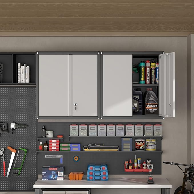 Metal Wall Cabinet,Locking Cabinet with Shelves,Wall Mounted Storage Cabinet1 for Basement,Home,Garage,Gray-Ruum Studio Home