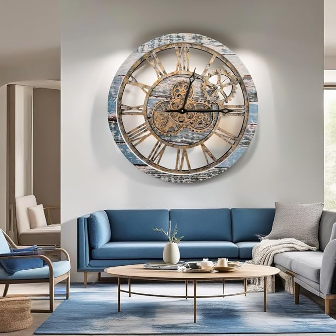 The Original Real Moving Gear Wall Clock Vintage Industrial Oversized Rustic Farmhouse (24 inch (60cm), Vintage Aqua Green and Bronze)-Ruum Studio Home
