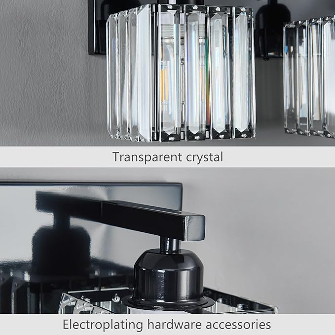 Modern Bathroom Vanity Light 3-Lights Plating Black Crystal Bathroom Wall Light Vanity Light Fixtures-Ruum Studio Home