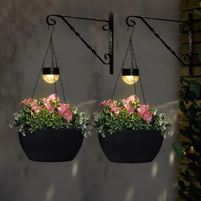 2 Packs Solar Hanging Basket Planters for Plants Outdoor, Self Watering Black Flower Plants Pots with Solar Light Drainer for Balcony Patio Garden Outdoor Decoration-Ruum Studio Home