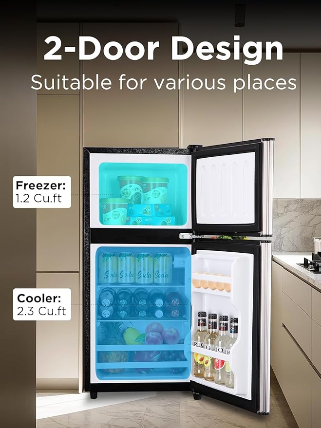 Compact Refrigerator with Freezer, 3.5 cu ft Countertop Mini Fridge with Adjustable Mechanical Thermostat, Retro Compact Fridge for Office, Bedroom, Dorm or Cabin, Silver-Ruum Studio Home
