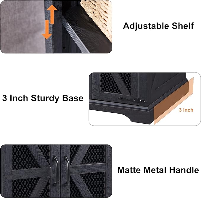 JXQTLINGMU Farmhouse End Table, 24" Large Sofa Side Table with Charging Station, Mesh Barn Door, and Adjustable Storage Shelf, Rustic Wood Square Nightstand for Living Room, Bedroom, Office, Black-Ruum Studio Home