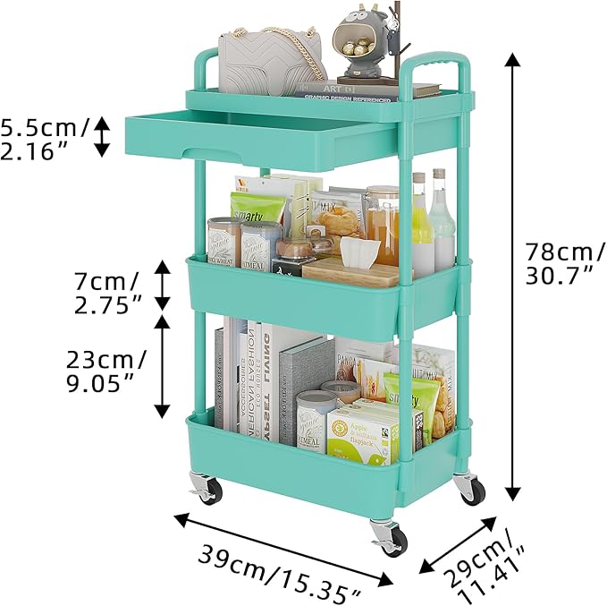 Calmootey 3-Tier Rolling Utility Cart with Drawer,Multifunctional Storage Organizer with Plastic Shelf & Metal Wheel,Storage Cart for Kitchen,Bathroom,Living Room,Office,Green-Ruum Studio Home