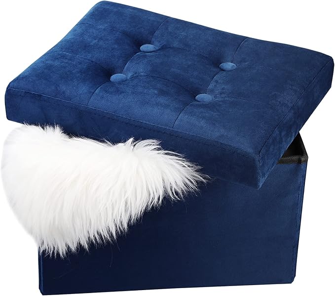 LINMAGCO Storage Ottoman Folding Foot Stool Velvet Foot Rest with Padded Modern Ottoman with Storage for Living Room Puppy Step Stool 17x13x13in(Navy)-Ruum Studio Home