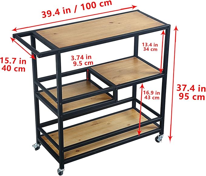 Bar and Serving Cart Industrial & Modern Rustic Rolling Bar and Serving Cart,3-Tiered Wood & Metal Kitchen Bar Cart Island with Wheels,Move Storage Coffee/Wine Island Shelf,Black-Ruum Studio Home