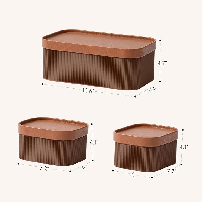 La Jolie Maison Fluted Cardboard Storage Baskets with Leather-Like Lids, Sturdy Stackable Paper Boxes Decorative Tray, Set of 3 Chestnut-Ruum Studio Home