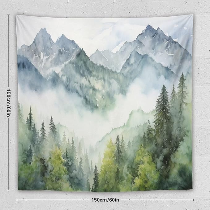 HZOHNAGO Mountain Tapestry Misty Green Forest Mountain Pattern Printed Wall Tapestry Wall Hanging for Bedroom Living Room Dorm 60" W x 60" H-Ruum Studio Home