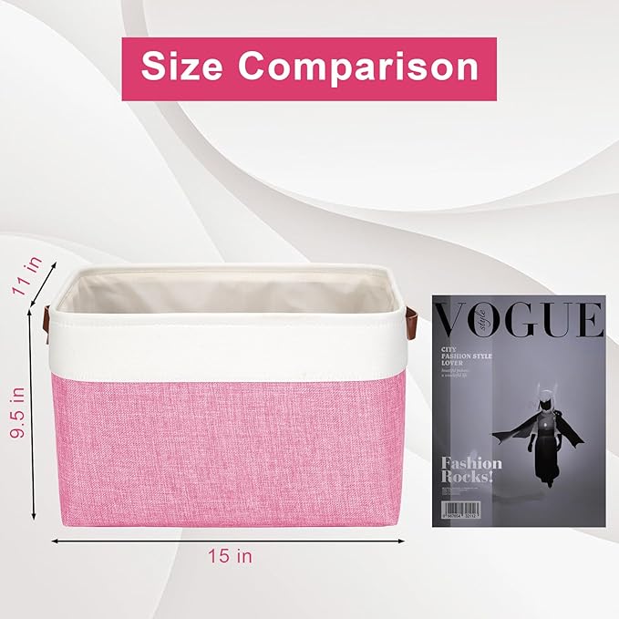 Storage Bins Large Fabric Storage Baskets for Shelves 3 Pack, Decorative Linen Closet Baskets with Handles for Organizing, Shelf, Clothes, Home, Office, 15x11x9.5Inches (Pink&White)-Ruum Studio Home