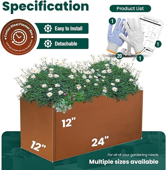 Corten Steel Planter Box Metal Outdoor Large Rectangular Rustic Durable Antique Detached for Commercial Residential Patio Deck and Backyard 24" x 12" x 12"-Ruum Studio Home