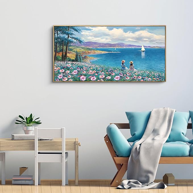 XLSJERST Landscape Wall Art - Blue Ocean Pink Flower Sailboat Mountain Tree Decor Orange Frame Artwork for Wall Large Picture for Living Room Bedroom Home Office Wall Decoration Size 20x40-Ruum Studio Home