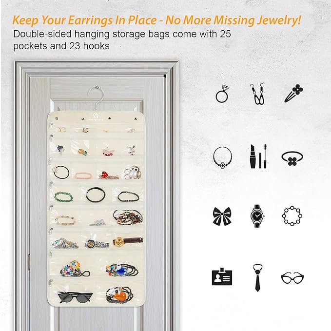 Freegrace Hanging Jewelry Organizer Revolving Hanger - Secure Zipper Closure - 25 Pockets,23 Hooks - Foldable Storage & Display Solution - For All Jewelry & Bijoux (Beige)-Ruum Studio Home