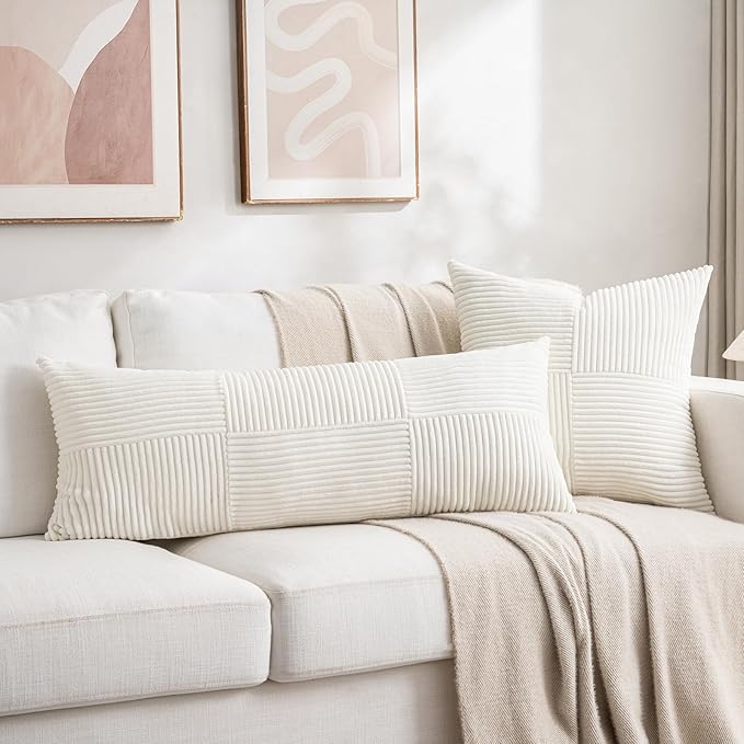 Fancy Homi Set of 2 Cream White Boho Long Lumbar Body Decorative Throw Pillow Cover 14x36 Inch for Bed Couch Bedroom Bench, Soft Patchwork Corduroy Textured Pillow Case, Rustic Farmhouse Room Décor-Ruum Studio Home