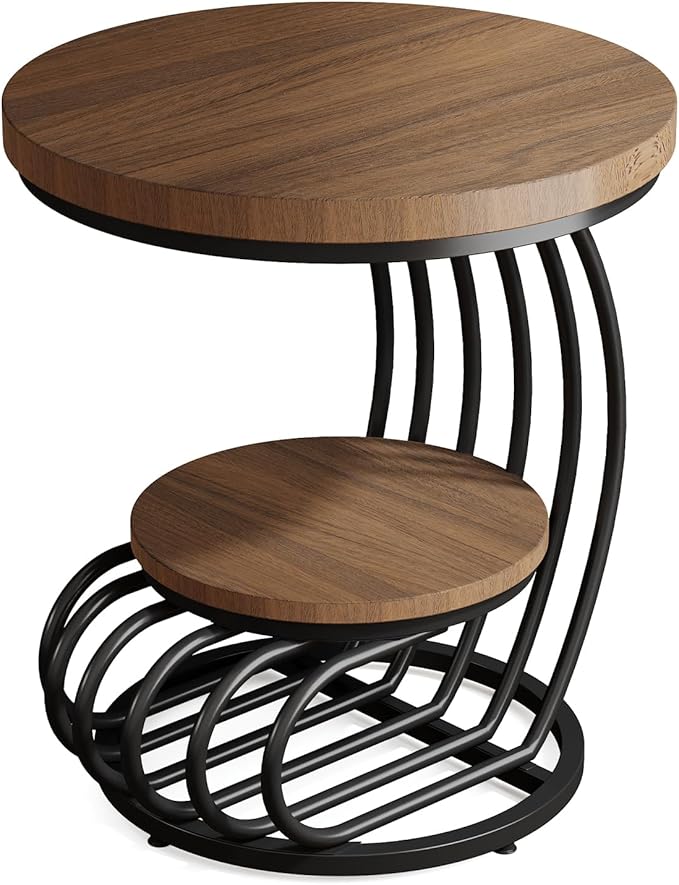 Tribesigns Round End Side Table: 2 Tiers Side Table Set of 2, Vintage End Table for Living Room, Small Bedside Table Accent Table with Arc-Shaped Frame, Light Brown-Ruum Studio Home