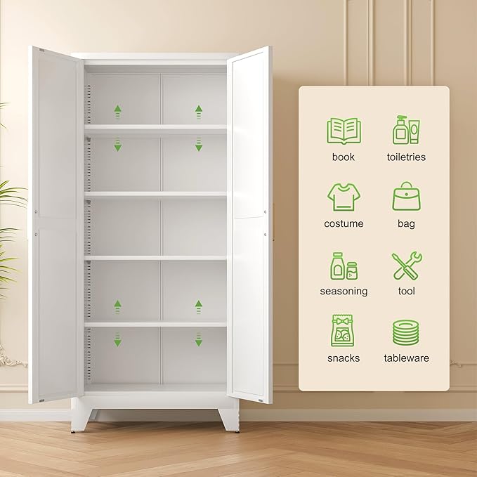 71'' Farmhouse Metal Storage Cabinet with Barn Doors,Steel File Cabinet for Home Office,Kitchen Pantry 4 Adjustable Shelves,Freestanding Cupboard for Kitchen,for Home Office,School (White)-Ruum Studio Home