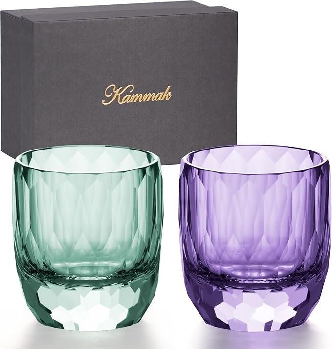 KAMMAK Crystal Whiskey Glasses Set of 2, 7oz Old Fashioned Glasses Stemless, Hand Blown Colored Cocktail Glasses, Engagement Gifts for Couples, Women, Men-Ruum Studio Home