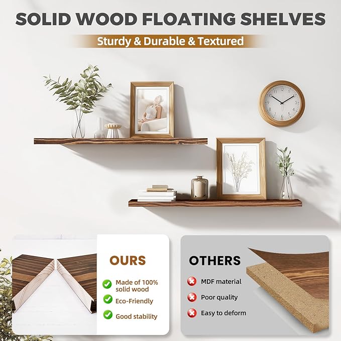36"x6.8"x1.2" Solid Wood Floating Shelves 2-Pack - Rustic Brown Finish with Hidden Brackets, Perfect for Storage and Décor in Living Room, Kitchen, Bedroom-Ruum Studio Home