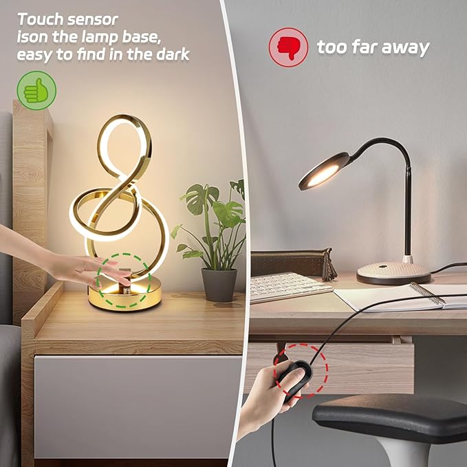 Modern Table Lamp, LED Bedside lamp with USB C+A ports, Touch Stepless Dimmable Nightstand lamp, Unique Spiral Table lamp for Bedroom Living Room Home Office, Spiral lamp for Ideal Gift, Gold-Ruum Studio Home