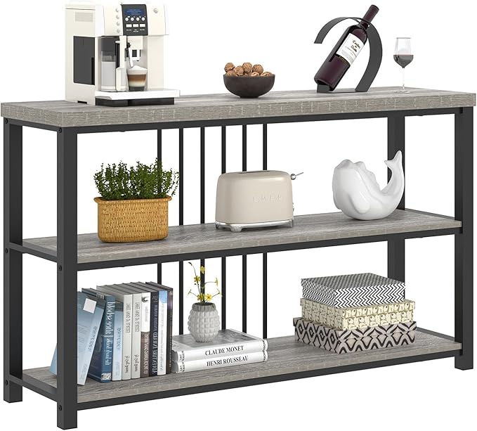 FOLUBAN Console Tables for Entryway, Sofa Table with 3 Tier Storage for Living Room Hallway Foyer Behind Couch, Rustic Light Grey-Ruum Studio Home