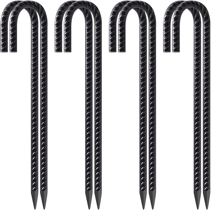 VVOKGO Rebar Stakes 12 Inches J Hook Heavy Duty Chain Link Fence Stakes, 8 Pcs Metal Long Tent Spikes Ground Anchors for Wire Fencing, Dogs Digging, Camping Tents, Swings, Greenhouse, Black-Ruum Studio Home
