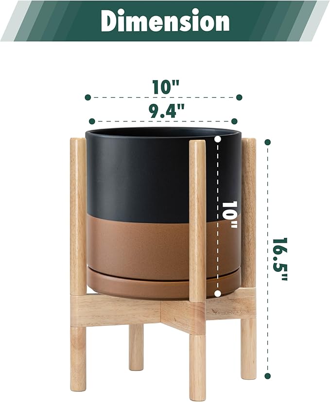 D'vine Dev Ceramic Planter with Natural Stand - 10 Inch Modern Round Flower Pot with Wood Planter Holder, Black/Speckled Tan, 55-B-K-7-Ruum Studio Home