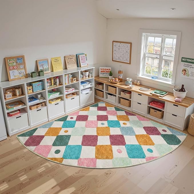 jinchan Kids Rug for Classroom 7ft Radius Corner Washable Area Rug Modern Colorful Quarter Circle Rug Soft Non-Slip Carpet for Nursery Playroom Daycare Reading Nook Living Room Confetti on Cream-Ruum Studio Home