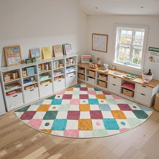 jinchan Kids Rug for Classroom 7ft Radius Corner Washable Area Rug Modern Colorful Quarter Circle Rug Soft Non-Slip Carpet for Nursery Playroom Daycare Reading Nook Living Room Confetti on Cream-Ruum Studio Home
