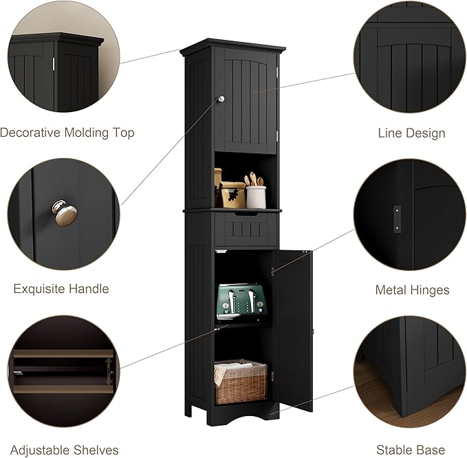 ChooChoo 67" Tall Bathroom Storage Cabinet Freestanding with Adjustable Shelves, Narrow Storage Linen Cabinet with 2 Doors and 1 Drawers for Bathroom, Living Room, Kitchen, Black-Ruum Studio Home