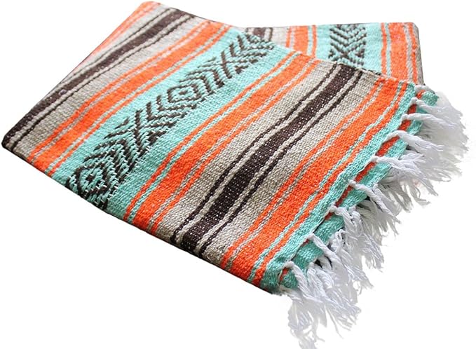 Del Mex Classic Mexican Blanket, Large Authentic Woven Falsa Throw (70"x50"), Artisan Southwest Décor for Beach, Yoga, Outdoors (Mint/Tan/Orange)-Ruum Studio Home