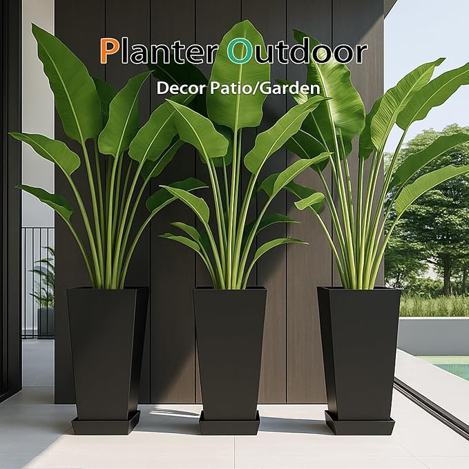 Tall Planters for Outdoor Plants, Large Resin Flower Pots with Saucers for Garden, Front Porch, Patio, Indoor - Set of 2 (Black, 34 inch - 2 Pack)-Ruum Studio Home