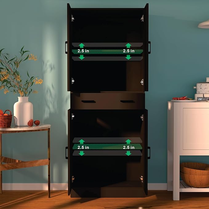 71" Tall Black & Rattan Pantry Cabinet - Boho Chic Kitchen Storage with Doors & Drawer for Dining Room, Hallway or Kitchen Organization-Ruum Studio Home