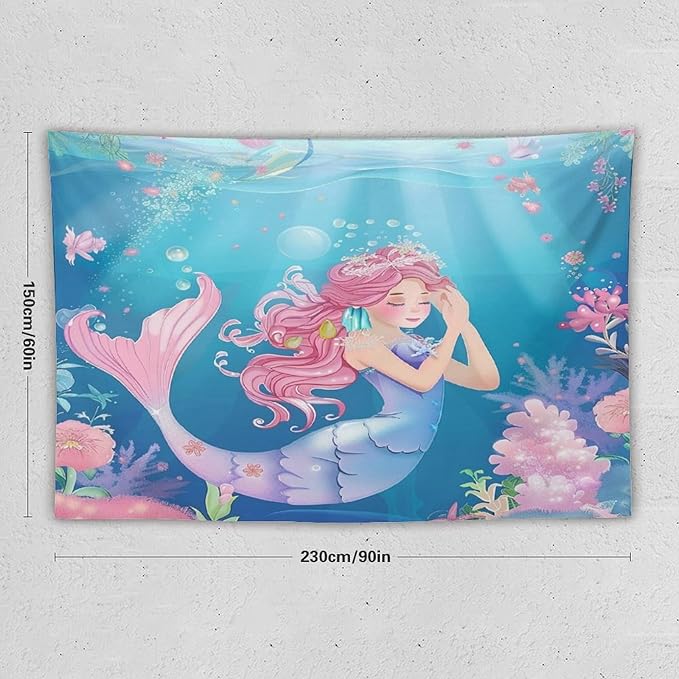 HZOHNAGO Mermaid Girls Tapestry Watercolor Flowers Mermaid Princess Blessing Pattern for Kids Room Decoration Printed Wall Tapestry Wall Hanging for Bedroom Living Room Dorm 90" W x 60" H-Ruum Studio Home