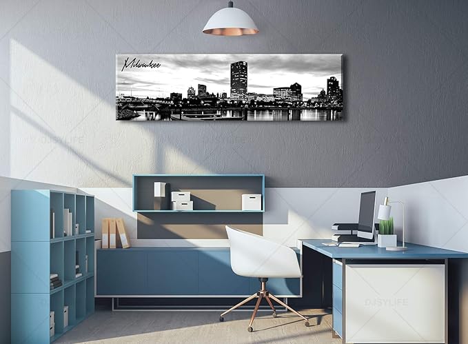 DJSYLIFE Milwaukee Skyline Wall Art Black and White Stretched Canvas Wall Art Prints for Bedroom or Office Decoration Ready to Hang 13.8" x 47.3"-Ruum Studio Home