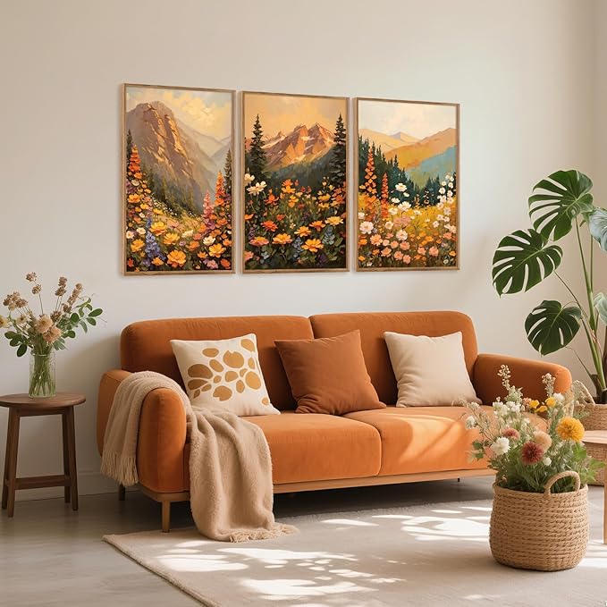 Aurlan Boho Mountain Sunset Landscape Framed Wall Art(16"x24"), 3PCS Large Wildflowers Meadow Canvas Artwork, Colorful Abstract Watercolor Nature Forest Scenery Decor for Home Office Bedroom-Ruum Studio Home
