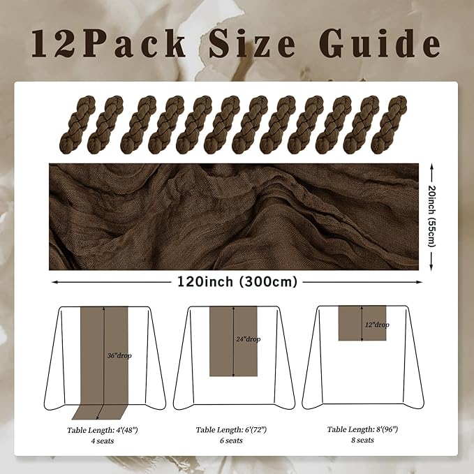 10FT 12 Pack Brown Cheesecloth Table Runner 20 x 120 Inch Long Boho Fabric Rustic Cheese Cloth Table Runner for Wedding Bridal Shower Baby Shower Gauze Sheer Birthday Party Table Decorations-Ruum Studio Home