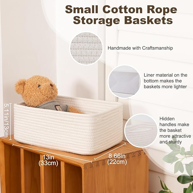 3 Pack Small Storage Baskets for Organizing, Cute Woven Decorative Gift Baskets for Shelves, Mini Closet Organizer Bins with Handles-13''Lx8.66''Wx5.11''H-White-Ruum Studio Home