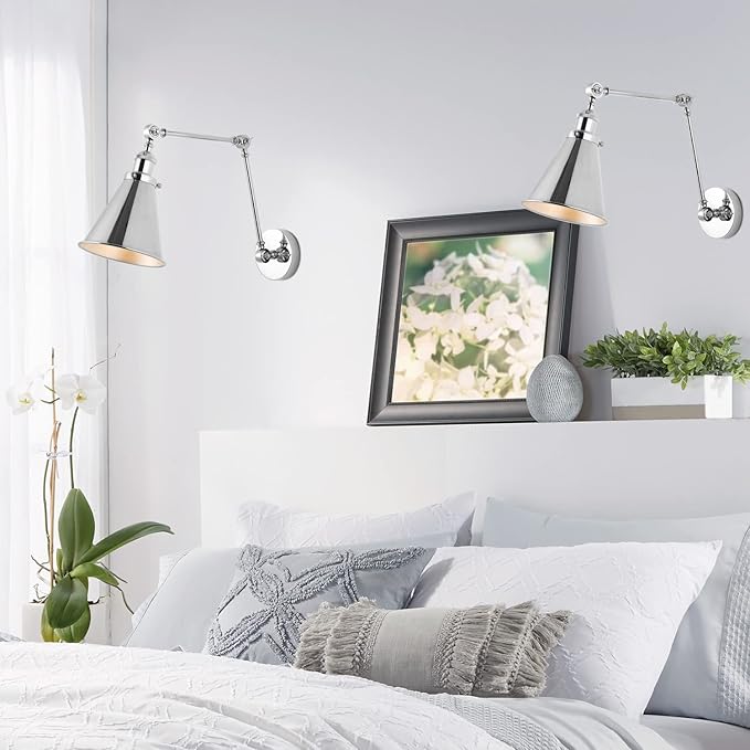 JONATHAN Y JYL7460A-SET2 Rover 7" Farmhouse Industrial Adjustable Arm Metal LED Wall Sconce Rustic Bohemian 2700K LED 4W Bulb for Entryway Lobby Kitchen Bathroom Bedroom Hallway, Chrome (Set of 2)-Ruum Studio Home