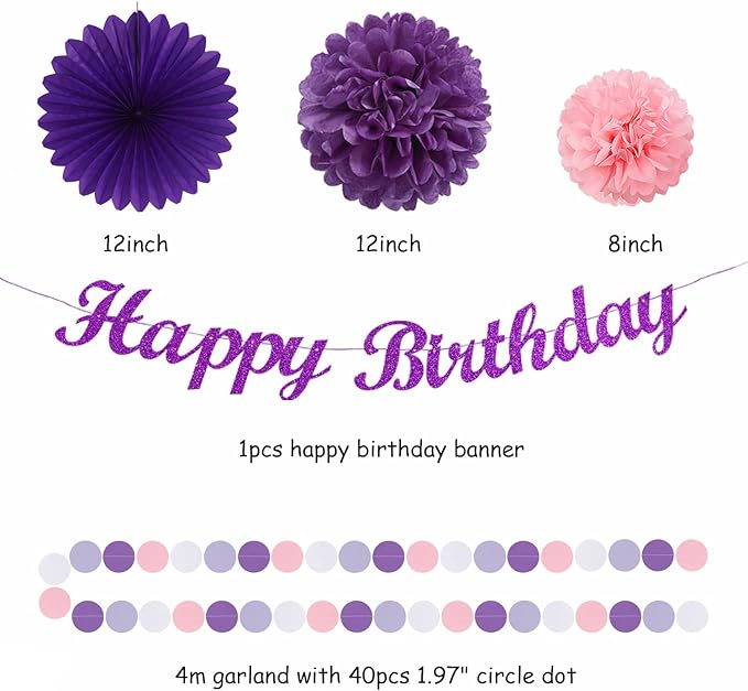Purple Pink Birthday Party-Decorations Paper-Flowers - 14pcs Happy Banner Lavender Lanterns Tissue Pom Poms,Lilac Streamers Garland Fans Honeycomb,Women Girls Adult Kids Hanging Supplies Decor Hugfond-Ruum Studio Home