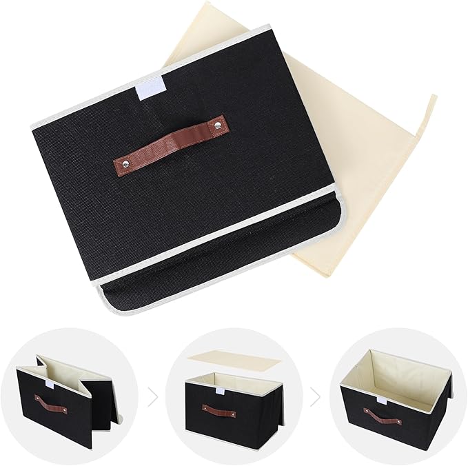 ANMINY 4PCS Storage Bins with Lid PU Leather Handles Storage Boxes PP Plastic Board Decorative Foldable Lidded Cotton Linen Fabric Home Cubes Baskets Closet Organizer Containers - Black, Large Size-Ruum Studio Home