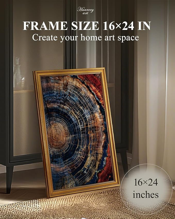 HUARCEY Gold Framed Vintage Wall Deocr for Living Room, Tree Rings Art Abstract Wood Grain Texture Bathroom Art Large Canvas Print Nature Inspired Farmhouse Pictures for Study Office Bedroom 16"x24"-Ruum Studio Home