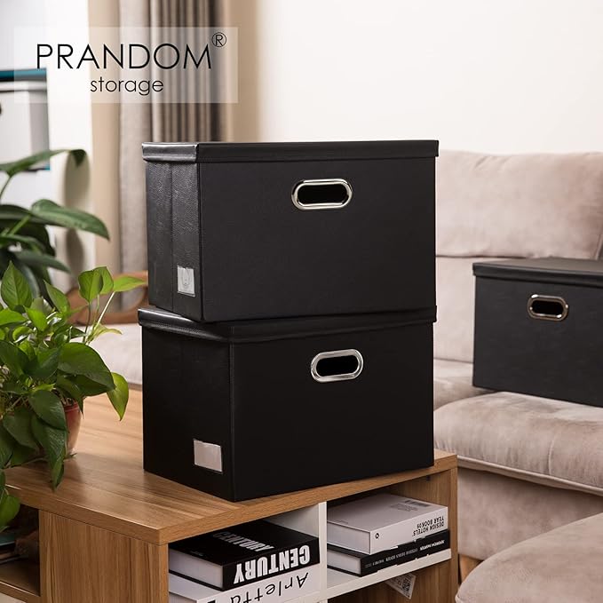 PRANDOM Collapsible Storage Bins with Lids [3-Pack] Leather Fabric Foldable Storage Boxes Organizer Containers Baskets Cube with Cover for Bedroom Closet Office Nursery Black (14.9x10.8x10)-Ruum Studio Home