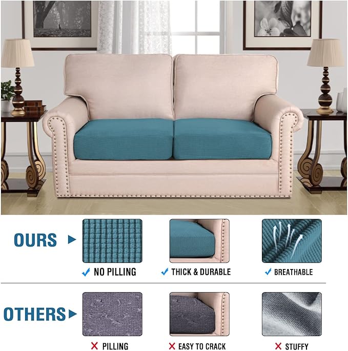 H.VERSAILTEX Super Stretch Individual Seat Cushion Covers Sofa Covers Couch Cushion Covers Slipcover Sets Thick Jacquard Textured Twill Fabric (2 Piece Medium Sofa Cushion Covers, Storm Blue)-Ruum Studio Home