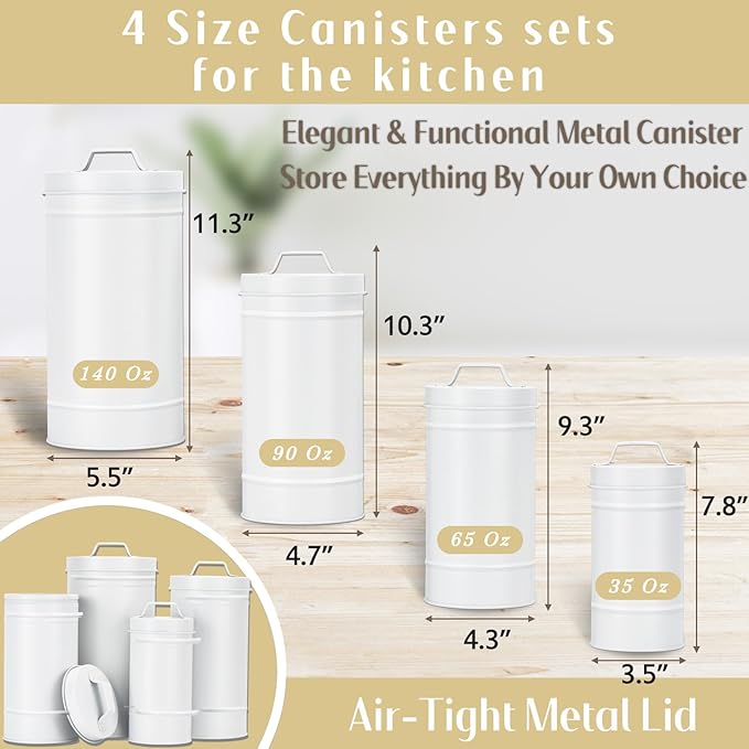 Farmhouse Canister Set for Kitchen Countertop, Airtight Nesting Kitchen Canisters Set of 4, Mental Flour Sugar Coffee Tea Storage Canister Jars, Vintage Country Design, White-Ruum Studio Home