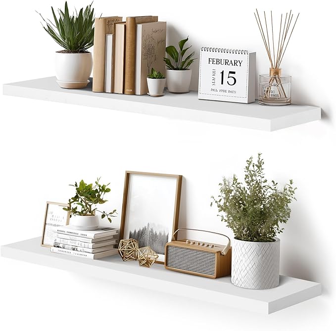 Floating Wall Shelves 2-Pack - 36-Inch Rustic White Wooden Shelves for Storage and Décor, Easy Installation for Living Room, Bedroom, and Kitchen-Ruum Studio Home