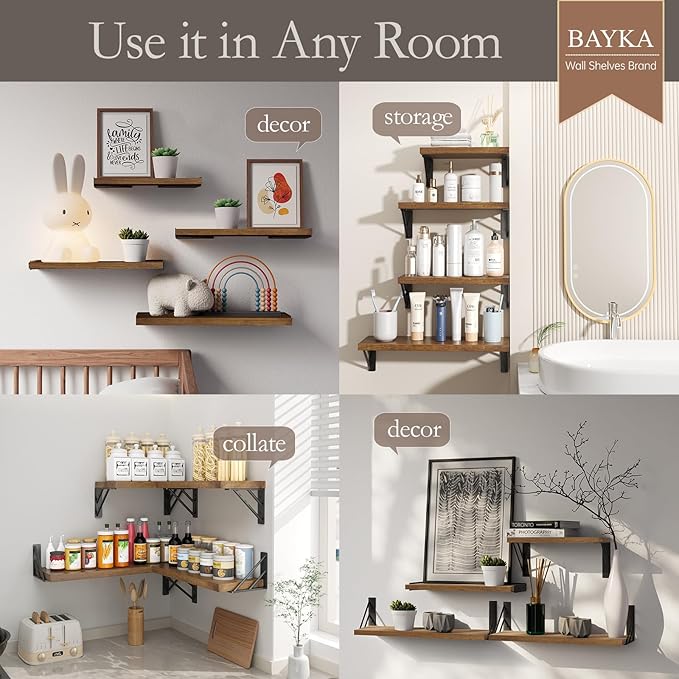 BAYKA Floating Shelves for Wall, Book Shelf for Bedroom, Wall Decor Shelves for Living Room Kitchen, Mounted Wood Floating Shelf for Home Decor, Corner Shelf for Bathroom, Office(Set of 4)-Ruum Studio Home